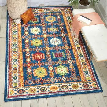 5' X 8' Navy Blue Orange And Green Wool Floral Hand Tufted Distressed Area Rug