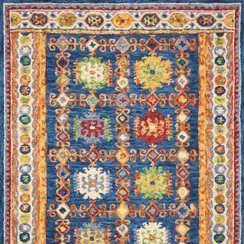 5' X 8' Navy Blue Orange And Green Wool Floral Hand Tufted Distressed Area Rug