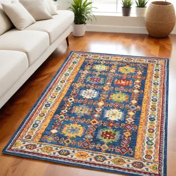 5' X 8' Navy Blue Orange And Green Wool Floral Hand Tufted Distressed Area Rug