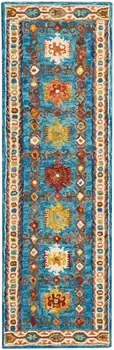 8' Navy Blue Orange And Green Wool Floral Hand Tufted Distressed Runner Rug