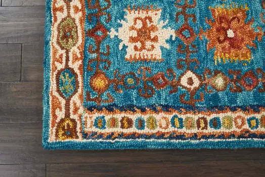 8' Navy Blue Orange And Green Wool Floral Hand Tufted Distressed Runner Rug