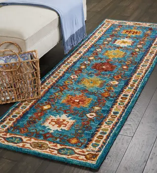 8' Navy Blue Orange And Green Wool Floral Hand Tufted Distressed Runner Rug
