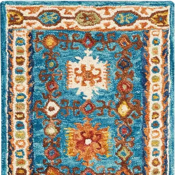 8' Navy Blue Orange And Green Wool Floral Hand Tufted Distressed Runner Rug