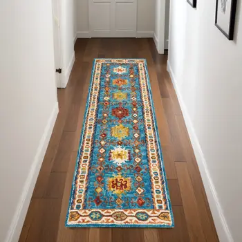 8' Navy Blue Orange And Green Wool Floral Hand Tufted Distressed Runner Rug