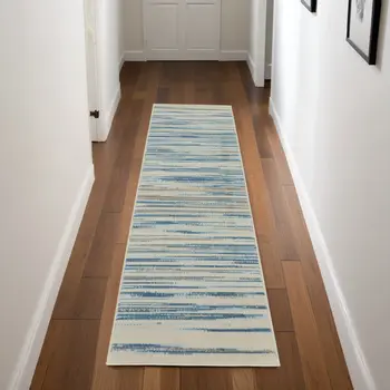 7' Ivory Blue and Gray Striped Runner Rug