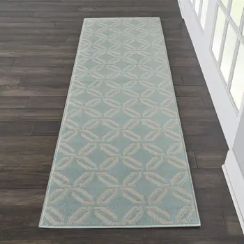 7' Beige and Green Trellis Runner Rug