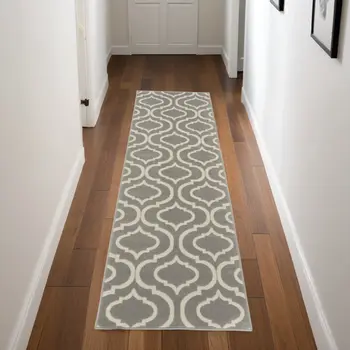 7' Beige and Gray Trellis Runner Rug