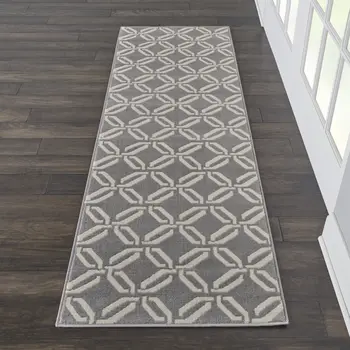 7' Beige and Gray Trellis Runner Rug