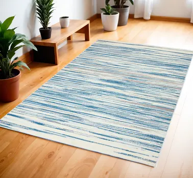 4' X 6' Ivory Blue and Gray Striped Area Rug