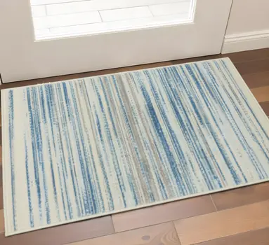 2' X 4' Ivory Blue and Gray Striped Area Rug