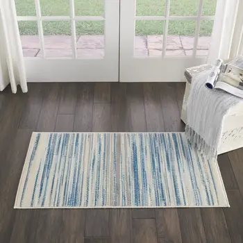 2' X 4' Ivory Blue and Gray Striped Area Rug