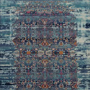 8' Blue Red And Orange Floral Distressed Runner Rug