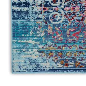 8' Blue Red And Orange Floral Distressed Runner Rug
