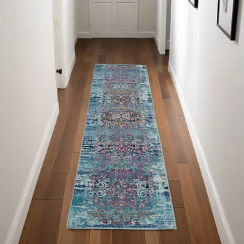 8' Blue Red And Orange Floral Distressed Runner Rug