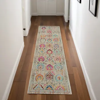 8' Ivory Pink And Orange Floral Distressed Runner Rug