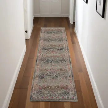 8' Ivory Brown And Gray Floral Distressed Runner Rug
