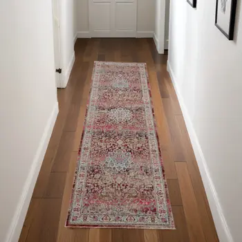 8' Ivory And Red Floral Distressed Runner Rug