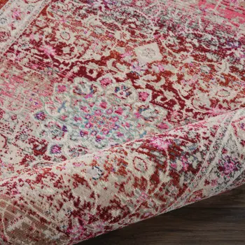 8' Ivory And Red Floral Distressed Runner Rug