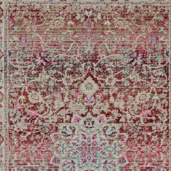 8' Ivory And Red Floral Distressed Runner Rug