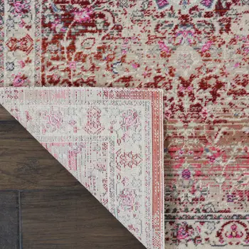 8' Ivory And Red Floral Distressed Runner Rug