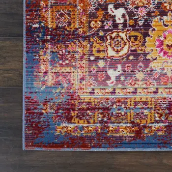 8' Blue Yellow And Red Floral Distressed Runner Rug