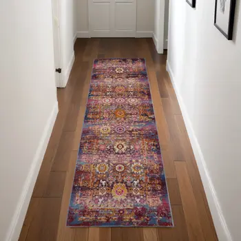 8' Blue Yellow And Red Floral Distressed Runner Rug
