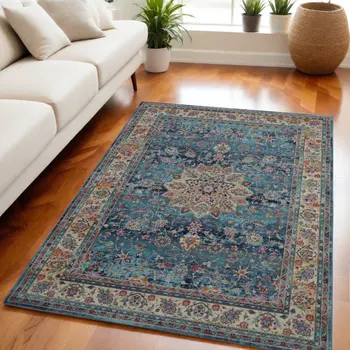 5' X 8' Blue and Beige Floral Distressed Area Rug