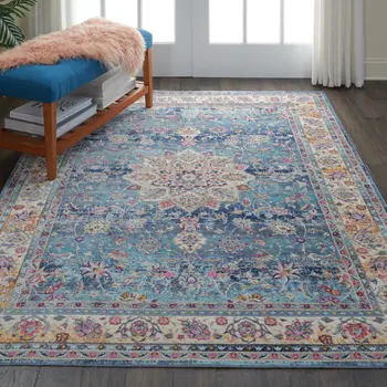 5' X 8' Blue and Beige Floral Distressed Area Rug