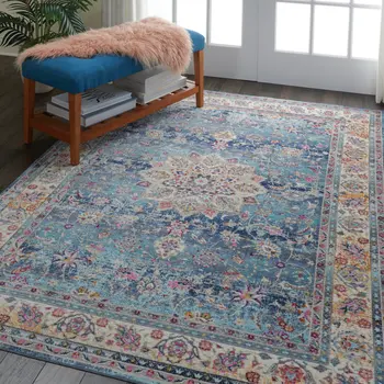 5' X 8' Blue and Beige Floral Distressed Area Rug