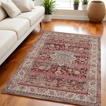 5' X 8' Ivory And Red Floral Distressed Area Rug