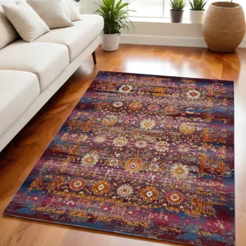5' X 8' Blue Yellow And Red Floral Distressed Non Skid Area Rug