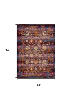 5' X 8' Blue Yellow And Red Floral Distressed Non Skid Area Rug