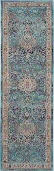 6' Blue and Beige Floral Distressed Runner Rug