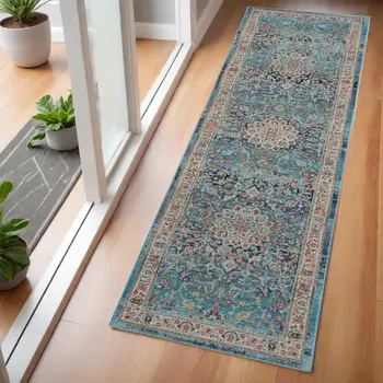 6' Blue and Beige Floral Distressed Runner Rug