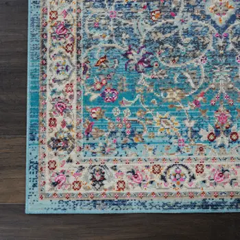 6' Blue and Beige Floral Distressed Runner Rug