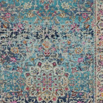 6' Blue and Beige Floral Distressed Runner Rug