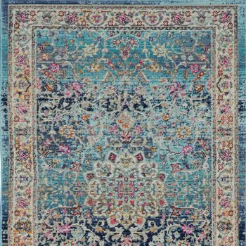 6' Blue and Beige Floral Distressed Runner Rug