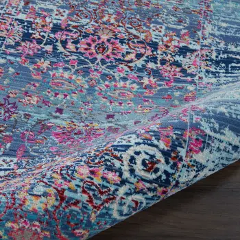 6' Blue Red And Orange Floral Distressed Runner Rug