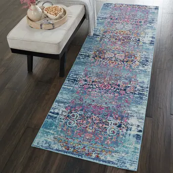 6' Blue Red And Orange Floral Distressed Runner Rug