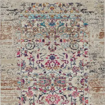 6' Blue Red And Orange Floral Distressed Runner Rug