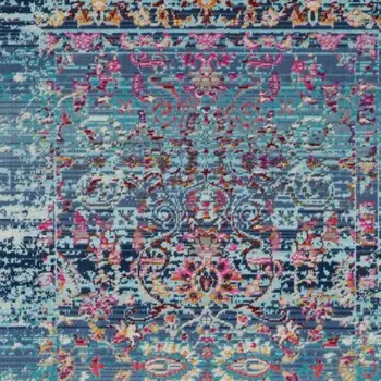 6' Blue Red And Orange Floral Distressed Runner Rug