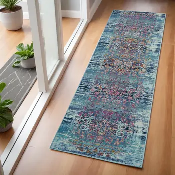 6' Blue Red And Orange Floral Distressed Runner Rug
