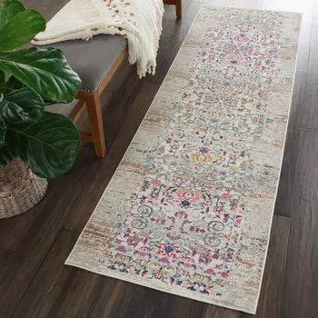 6' Ivory And Brown Floral Distressed Runner Rug