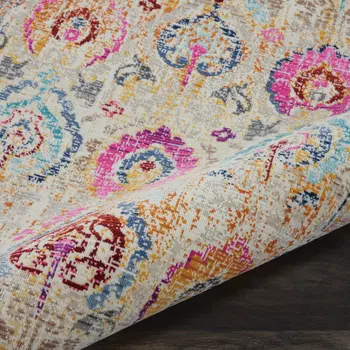 6' Ivory Pink And Orange Floral Distressed Runner Rug