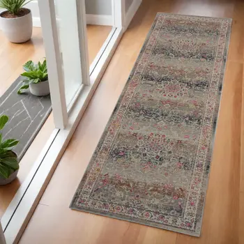 6' Ivory Brown And Gray Floral Distressed Runner Rug