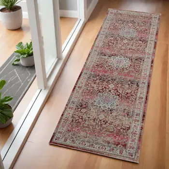 6' Ivory And Red Floral Distressed Runner Rug