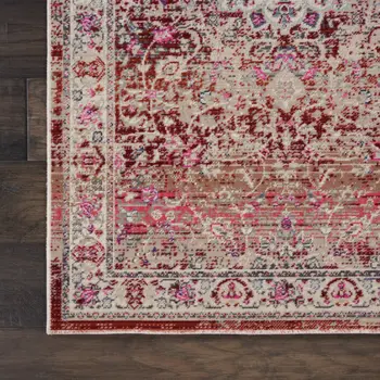 6' Ivory And Red Floral Distressed Runner Rug