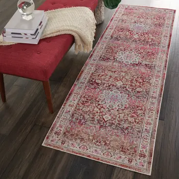 6' Ivory And Red Floral Distressed Runner Rug