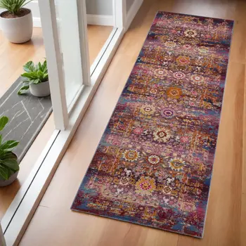 6' Blue Yellow And Red Floral Distressed Runner Rug