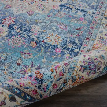 4' X 6' Blue and Beige Floral Distressed Area Rug